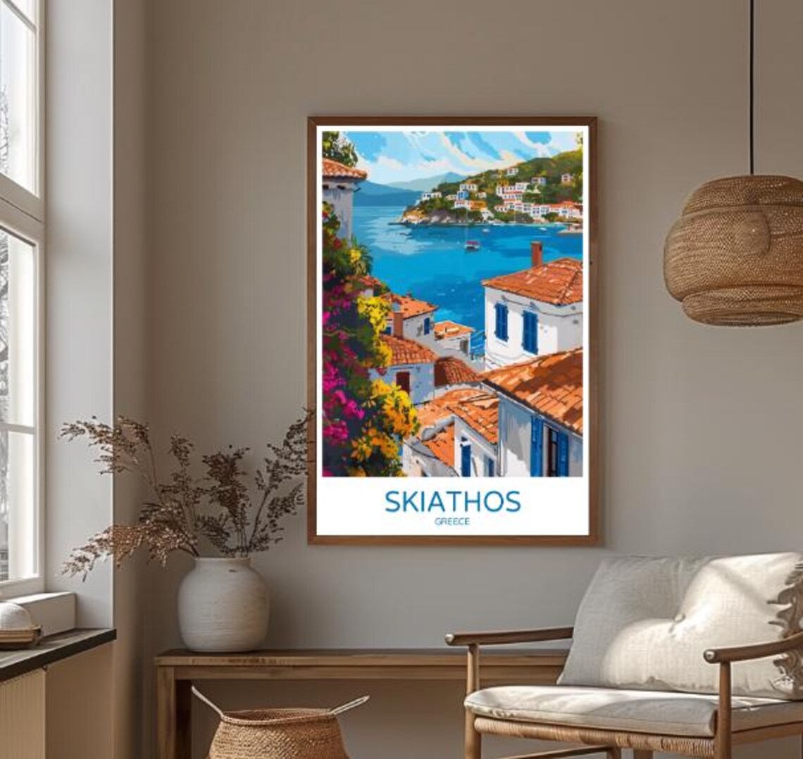 Skiathos Greece Aegean Harbor Hillside Village Vintage Travel Poster - Image 3
