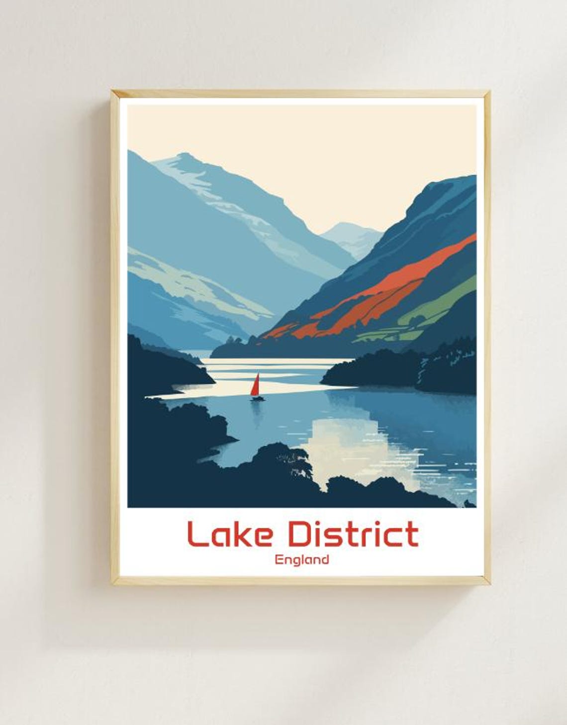 Lake District England Travel Poster Sailboat Lake Mountain Landscape