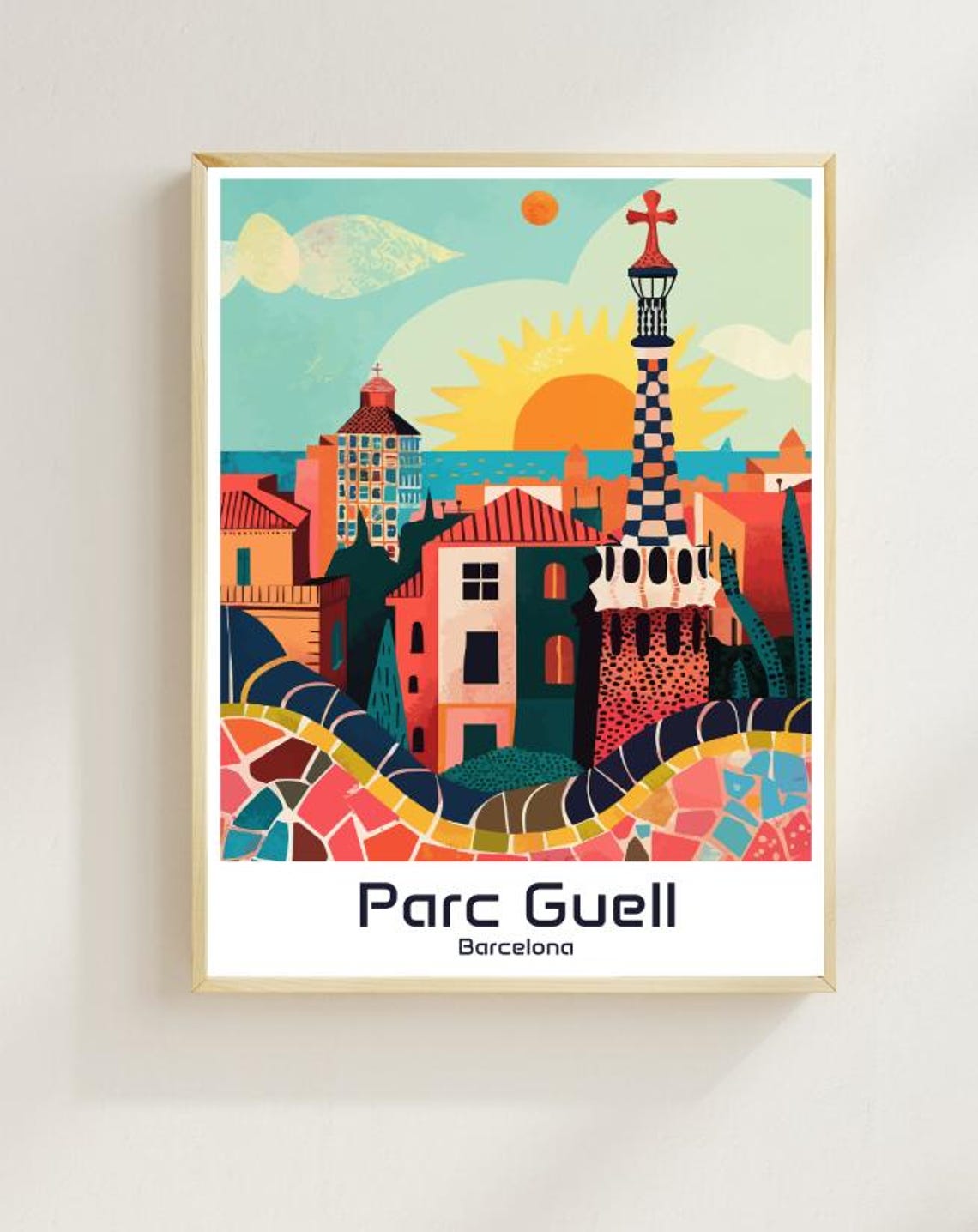 Parc Guell Barcelona Gaudi Mosaic Sunset Spain Architecture Poster