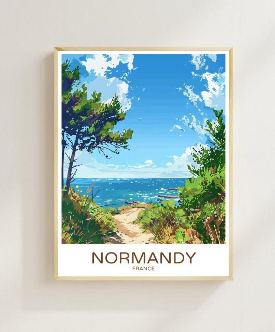 Normandy France Travel Poster Coastal Landscape Wall Art Historic French Countryside Print Vintage Travel Artwork