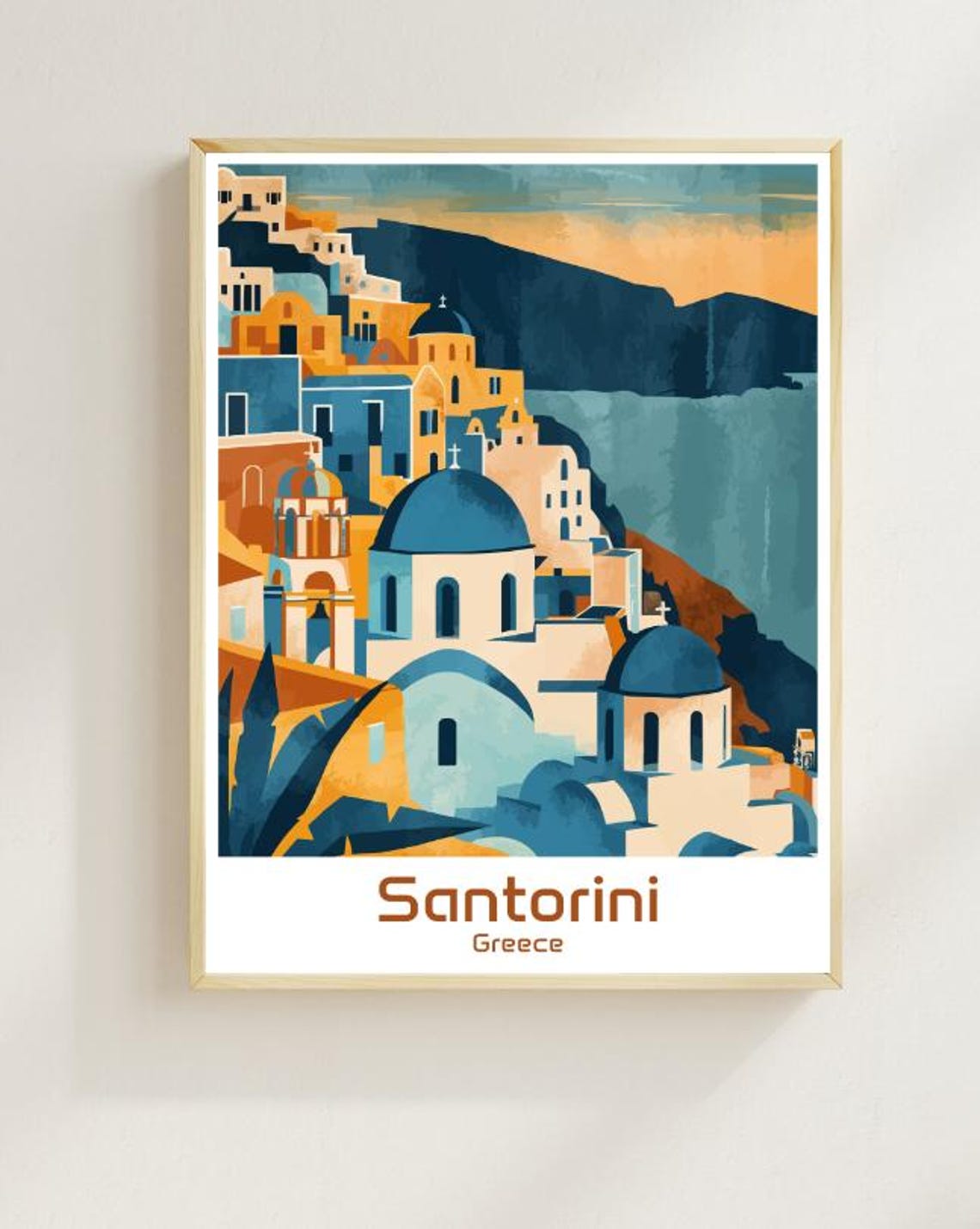 Santorini Greece White Village Blue Domes Sunset Caldera Poster