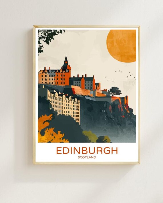 Edinburgh Scotland Golden Sunset Castle Rock Skyline Travel Poster
