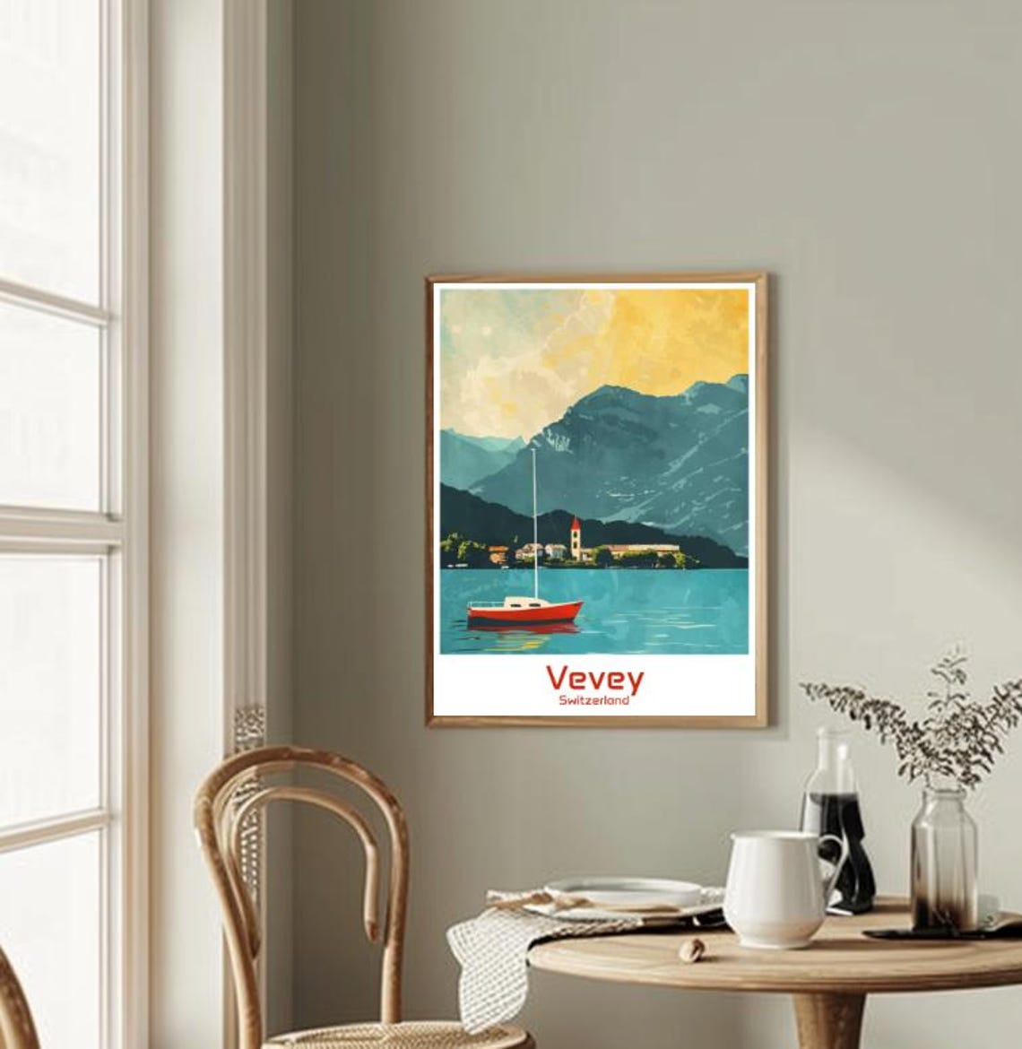 Vevey Switzerland Lake Geneva Sailboat Mountain Sunset Travel Poster - Image 2