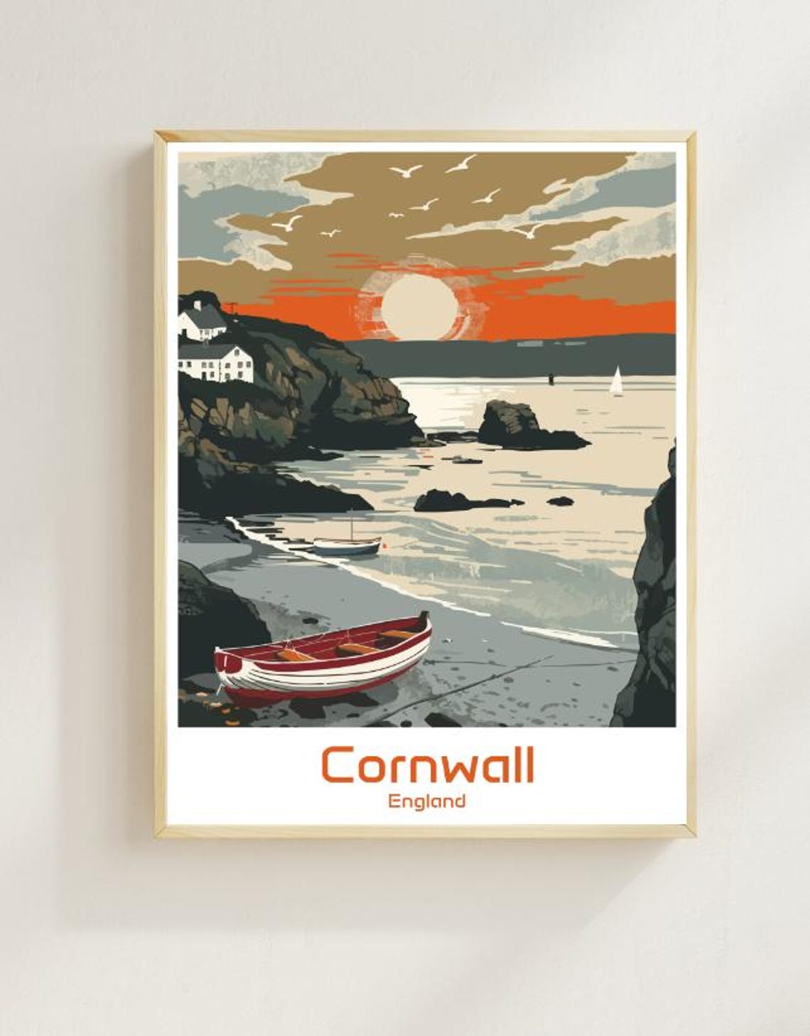Cornwall England Travel Poster Sunset Cove Fishing Boat Seaside Decor