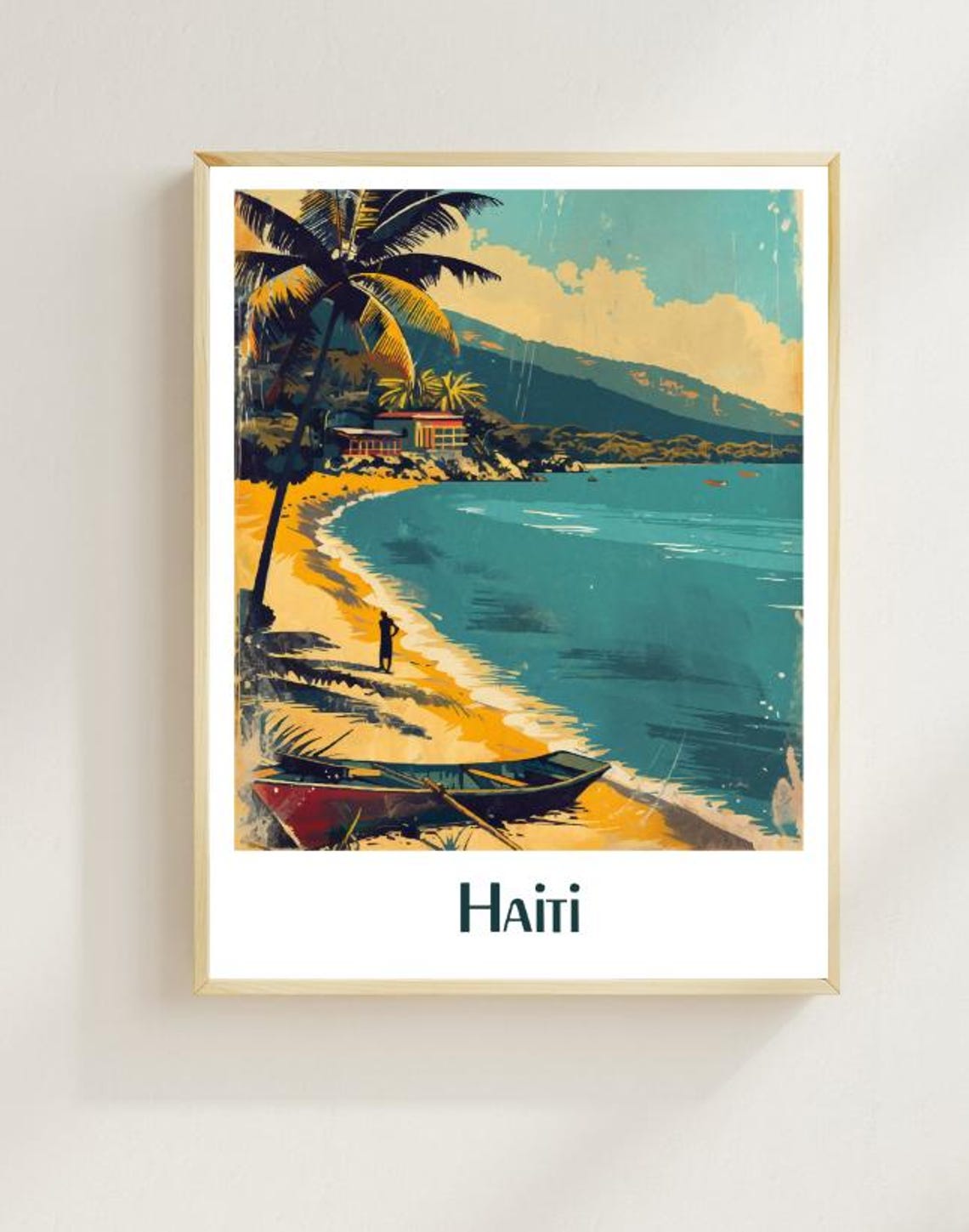 Haiti Caribbean Island Beach Red Canoe Palm Trees Cove Poster