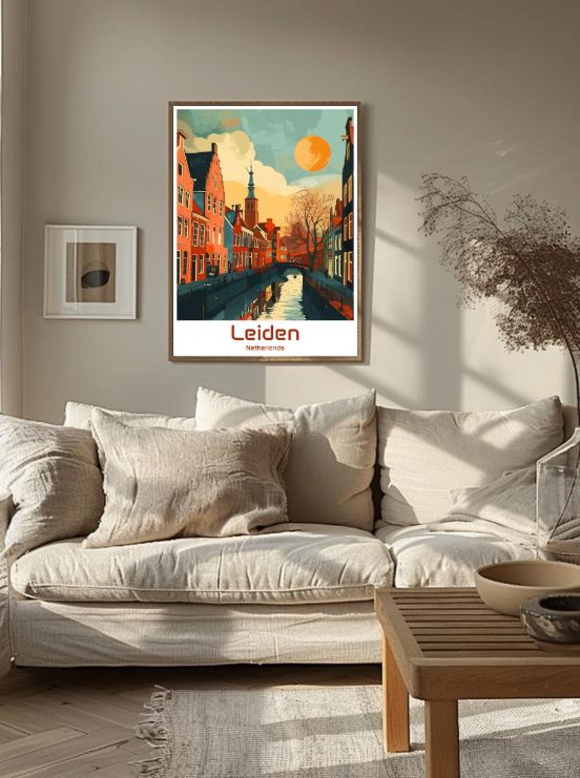 Leiden Netherlands Canal Red Brick Houses Retro Illustration Poster - Image 3