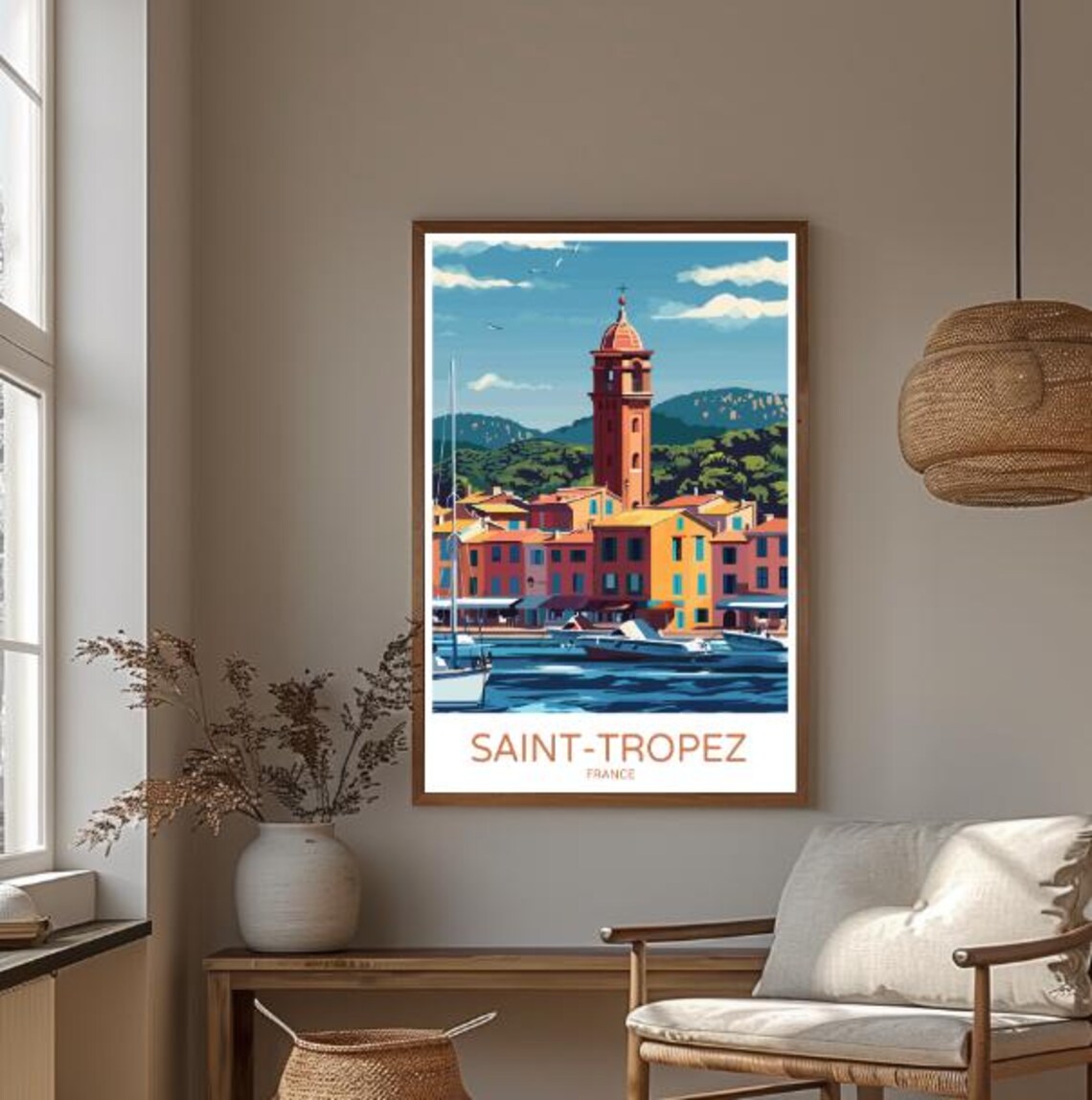 Vintage Saint Tropez France Harbor Bell Tower Riviera Travel Poster - Image 3