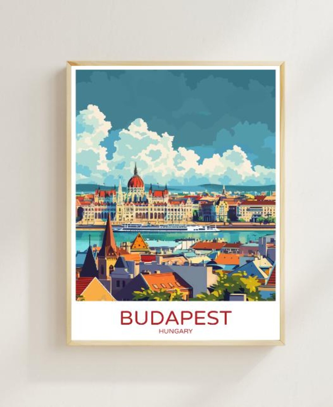 Budapest Skyline Travel Poster Modern Cityscape Wall Art Hungary Travel Print Parliament Building Art European City Decor