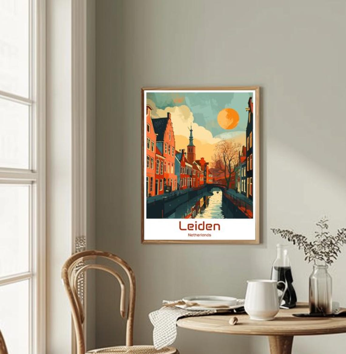 Leiden Netherlands Canal Red Brick Houses Retro Illustration Poster - Image 2