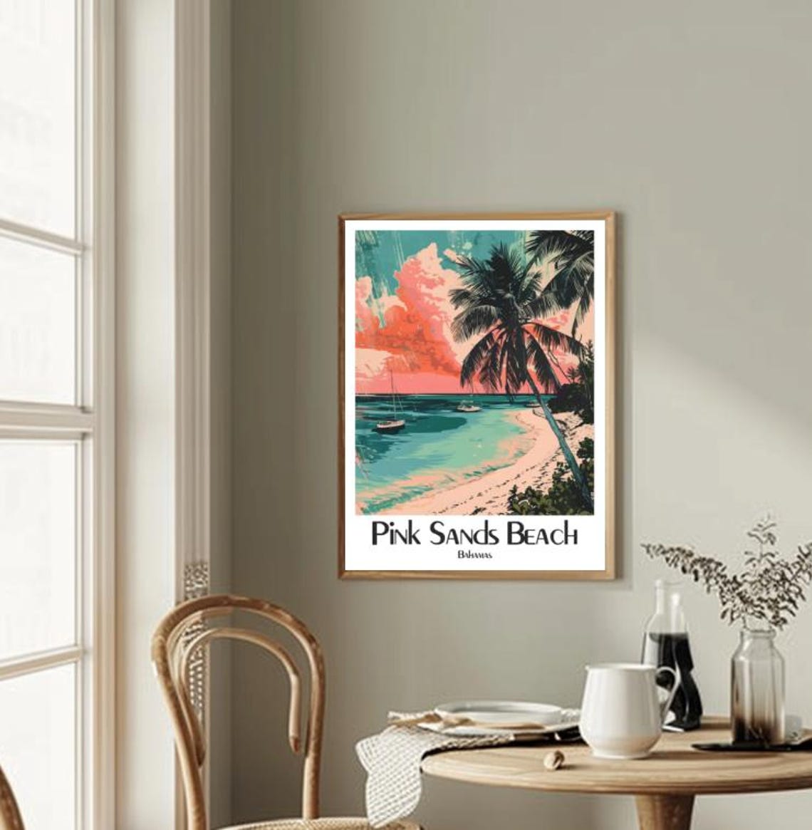 Pink Sands Beach Bahamas Palm Trees Sunset Sailboat Art Poster - Image 2