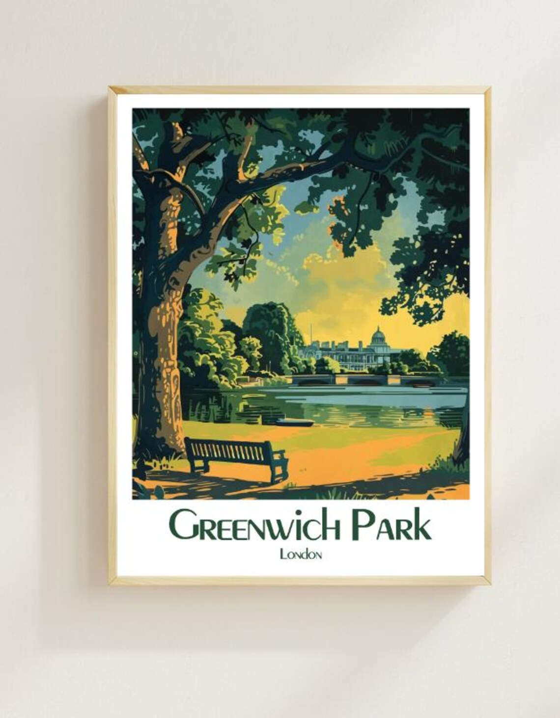Greenwich Park London Serene Lakeside Travel Poster Vintage Art
