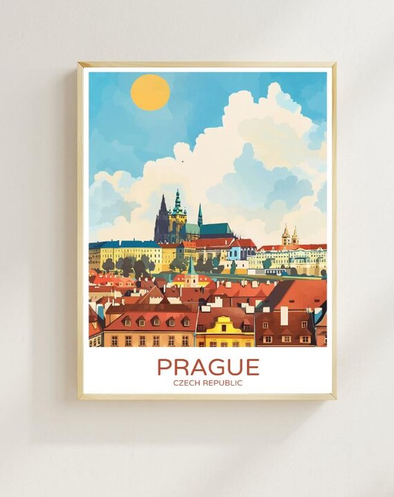 Prague Czech Republic Vintage Cityscape Travel Poster for Home Decor