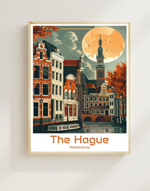The Hague Netherlands Autumn Canal Gabled Houses Moon Poster