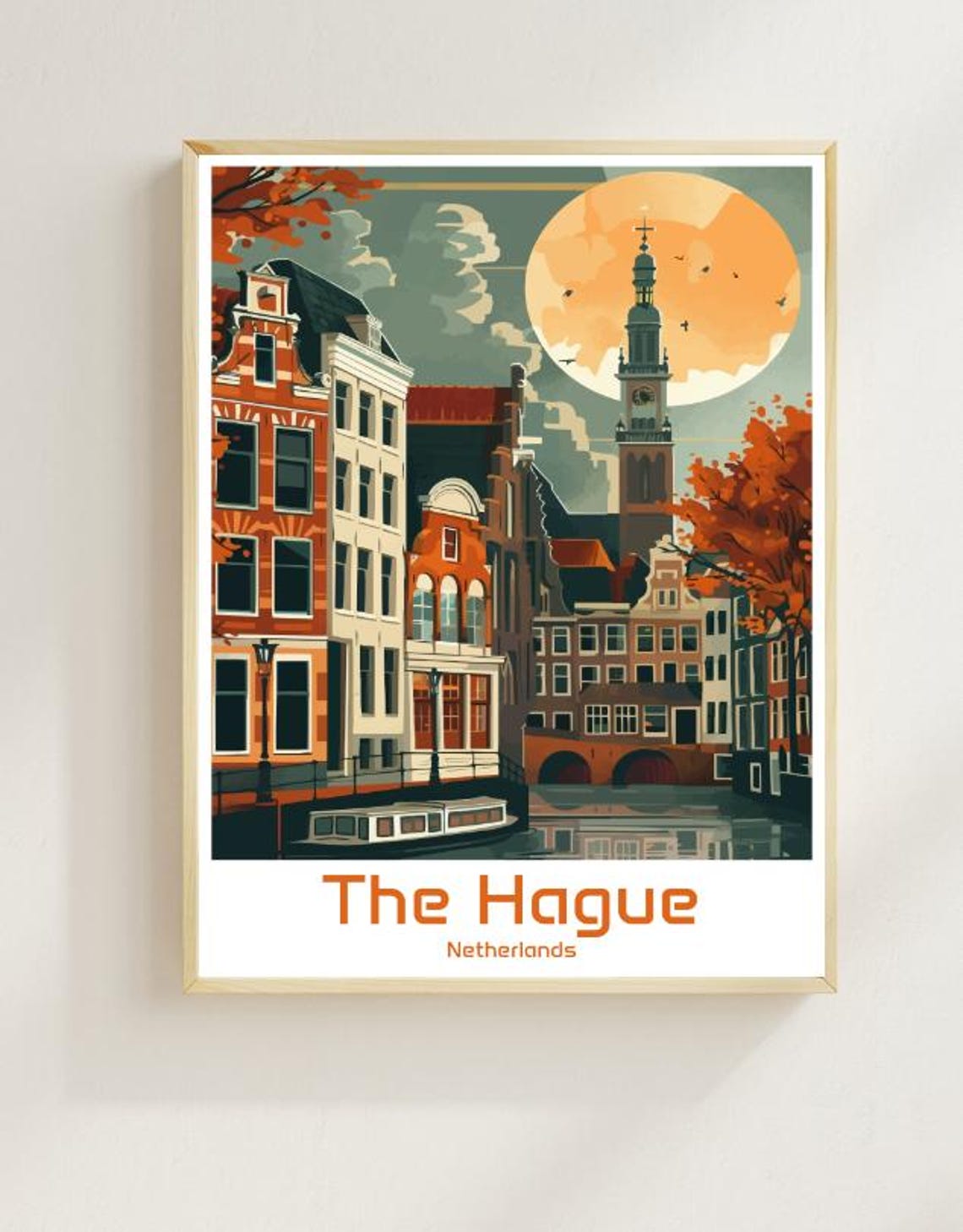 The Hague Netherlands Autumn Canal Gabled Houses Moon Poster