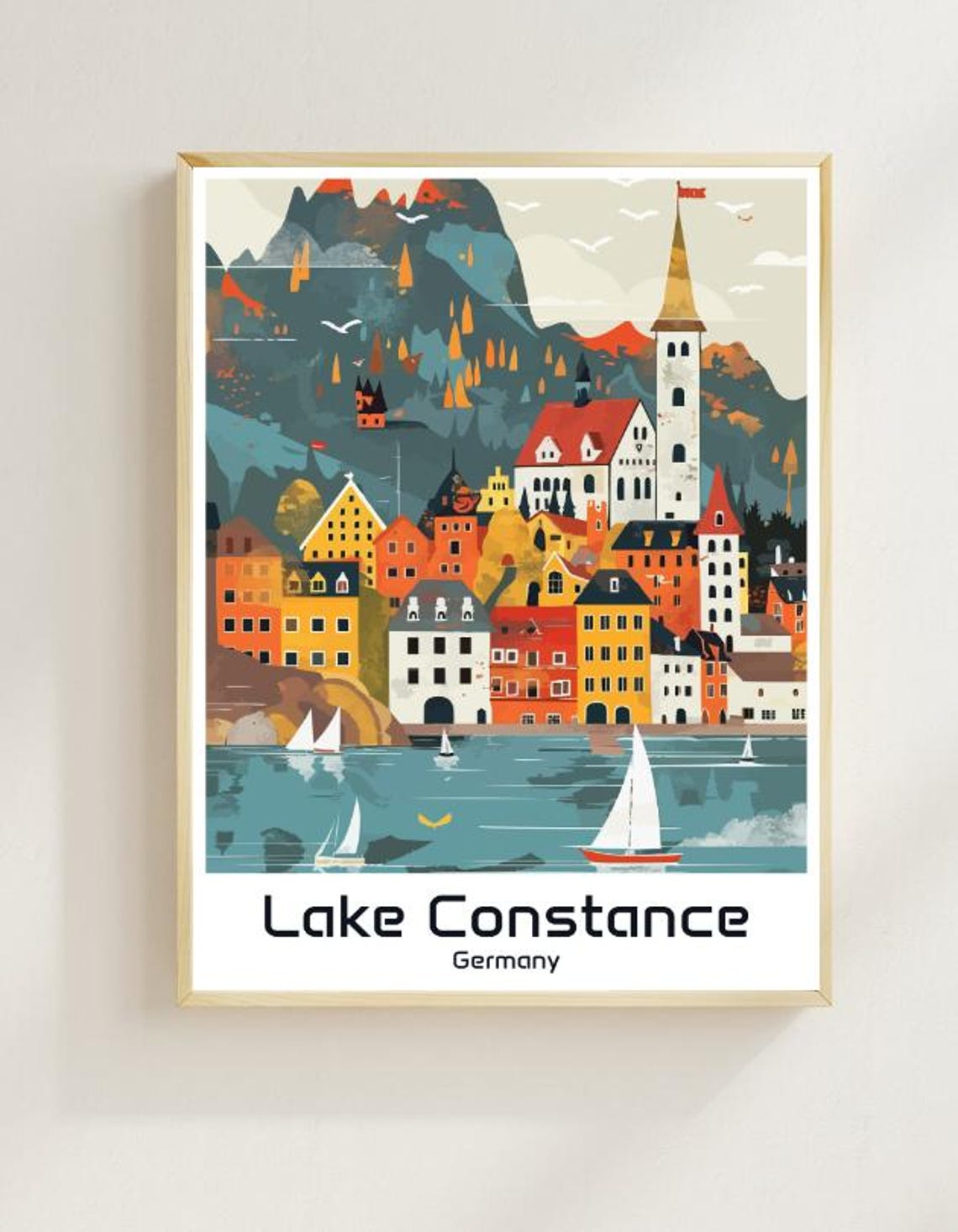 Lake Constance Germany Lakeside Town Sails Illustration Travel Poster