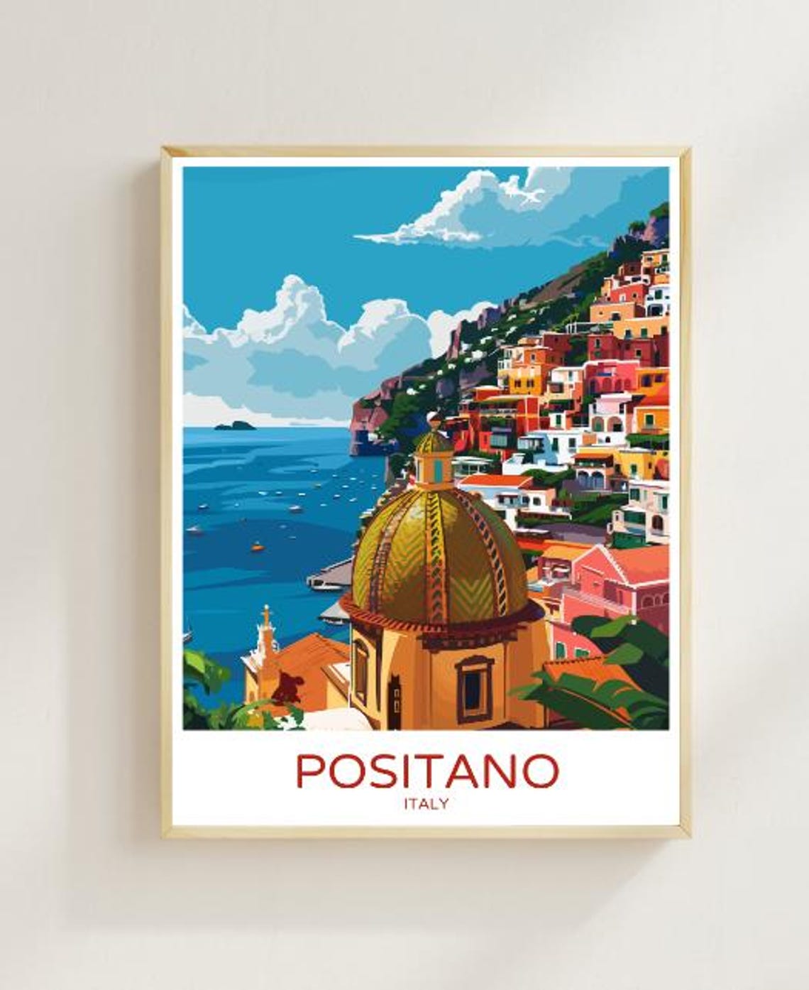 Colorful Positano Italy Travel Poster Amalfi Coast Scene Art