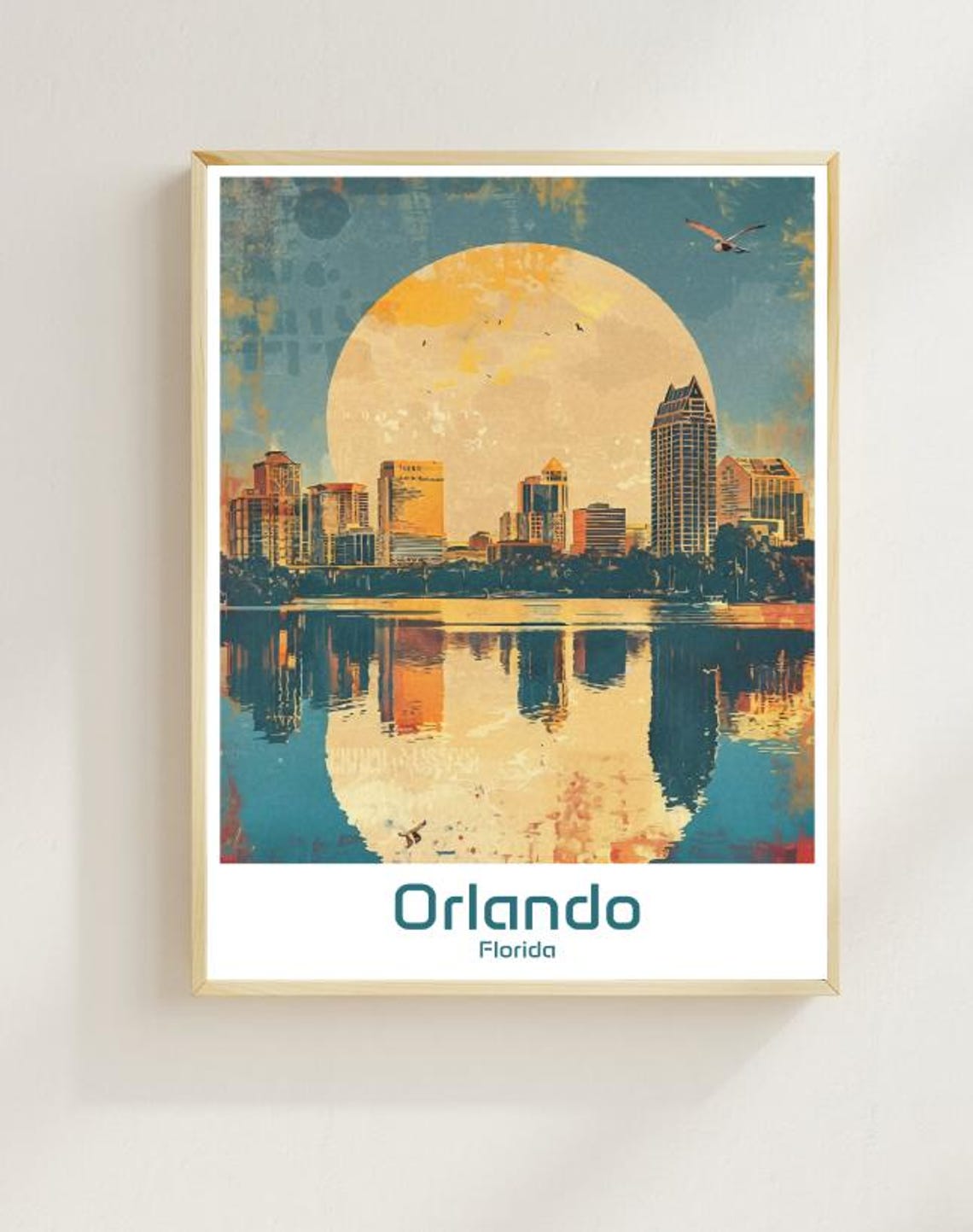 Orlando Retro Sunset Skyline Lake Reflection Florida Art Poster