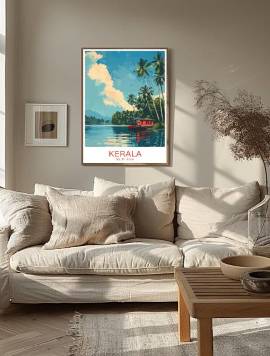 Kerala South India Travel Poster Backwaters Palm Houseboat Art - Image 2