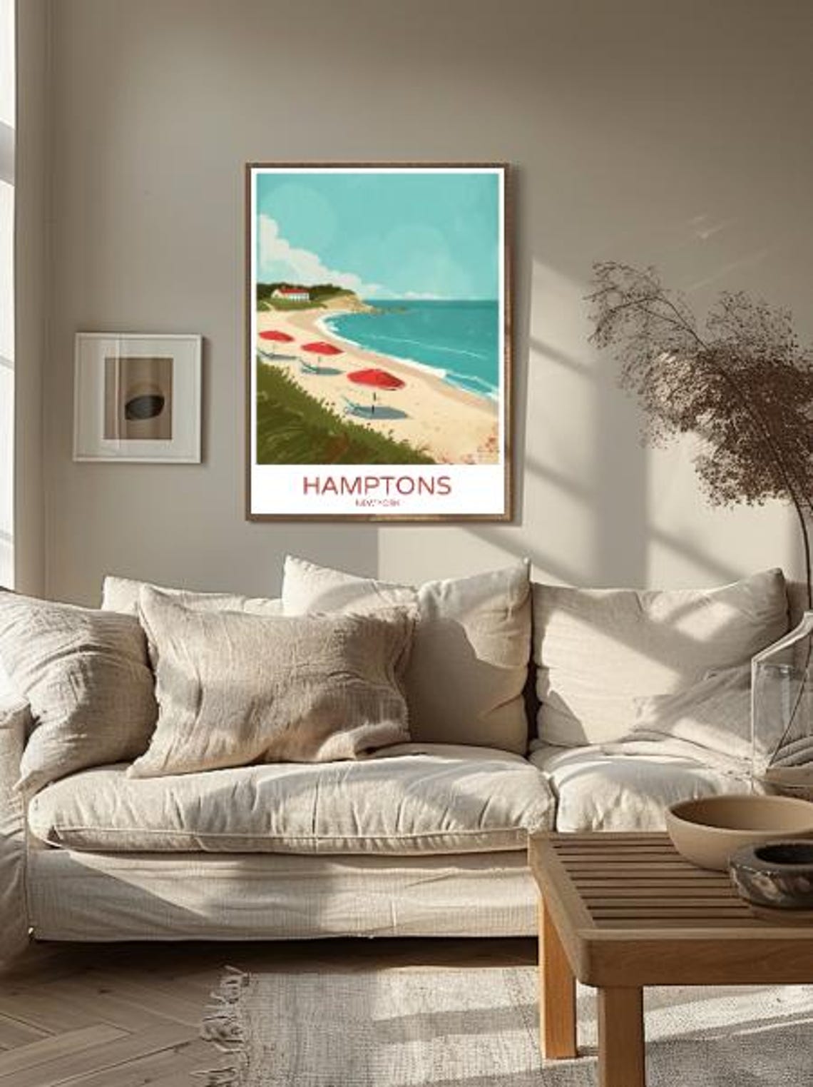 Hamptons New York Sandy Beach Red Umbrellas Coastal Travel Poster - Image 2