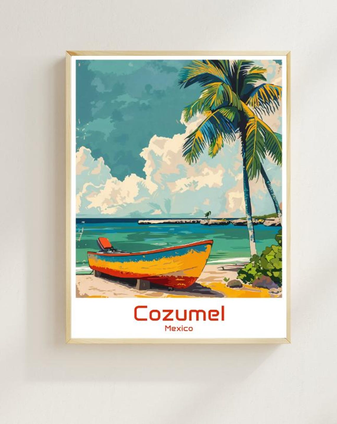 Cozumel Mexico Fishing Boat Palm Beach Turquoise Sea Travel Poster