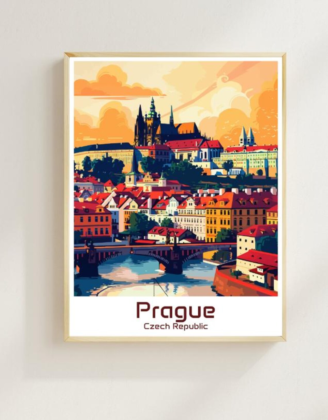 Prague Czech Republic Castle Bridge Sunset Vintage Illustrated Poster