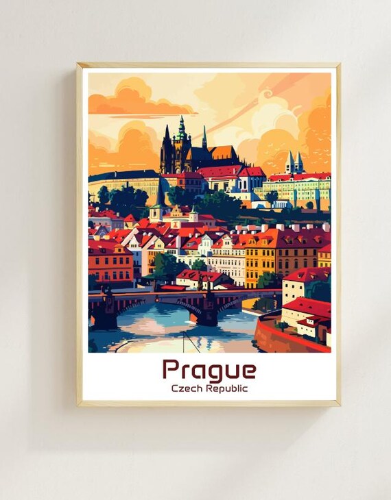 Prague Czech Republic Castle Bridge Sunset Vintage Illustrated Poster