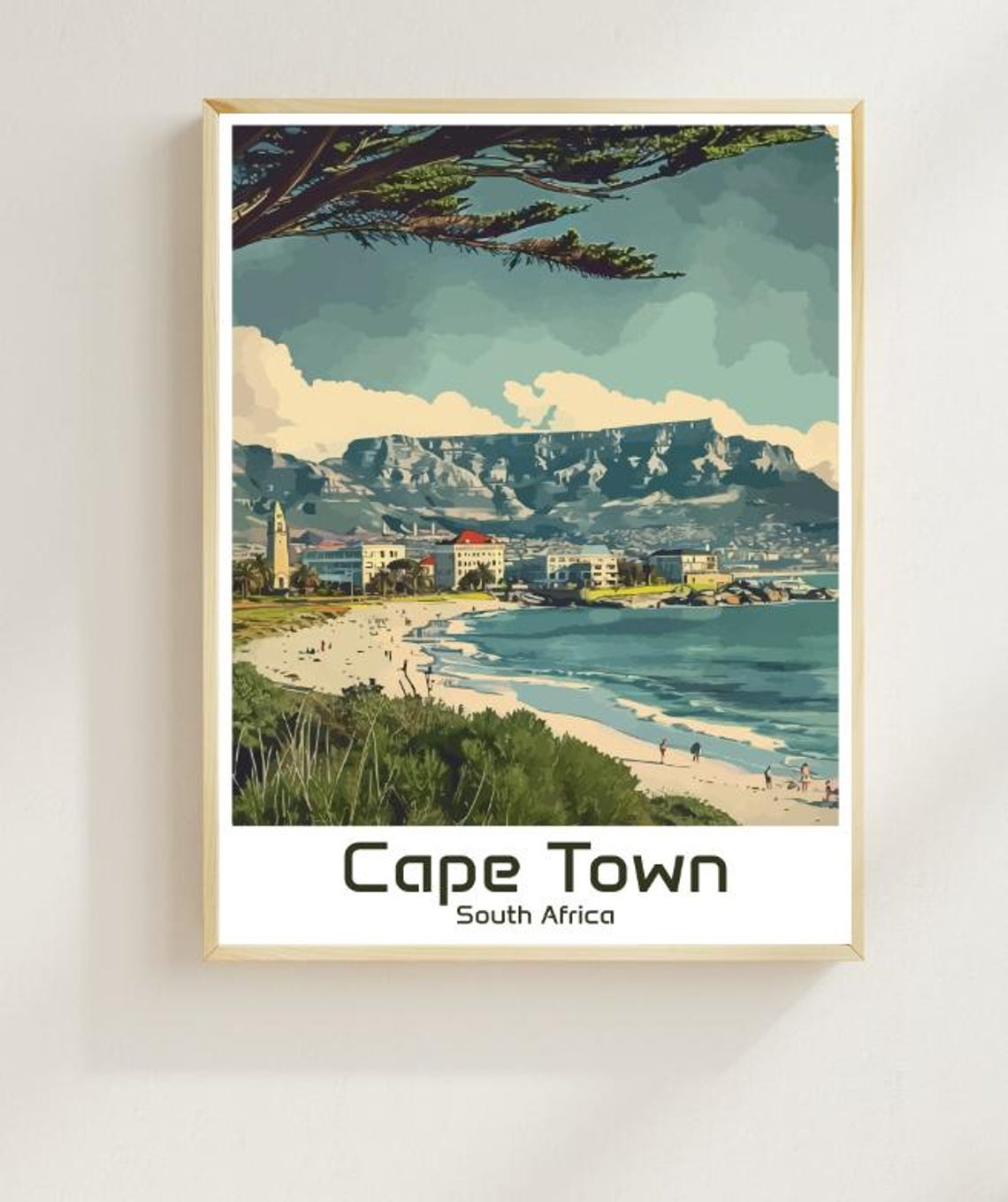 Cape Town South Africa Table Mountain and Beach in Retro Style Poster