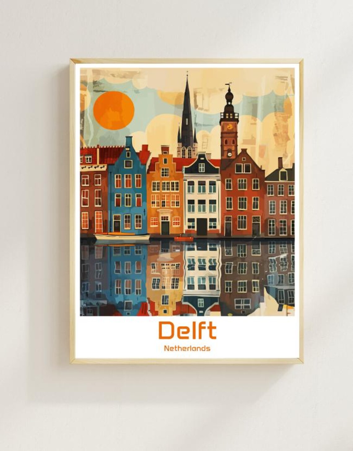 Delft Netherlands Canal Houses Sunset Reflection Vintage Travel Poster