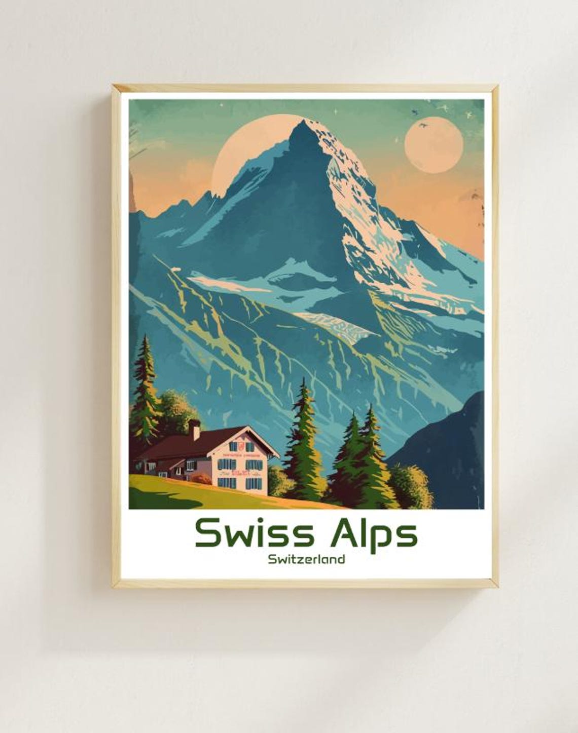 Swiss Alps Matterhorn Sunset Mountain Chalet Vintage Travel Poster
