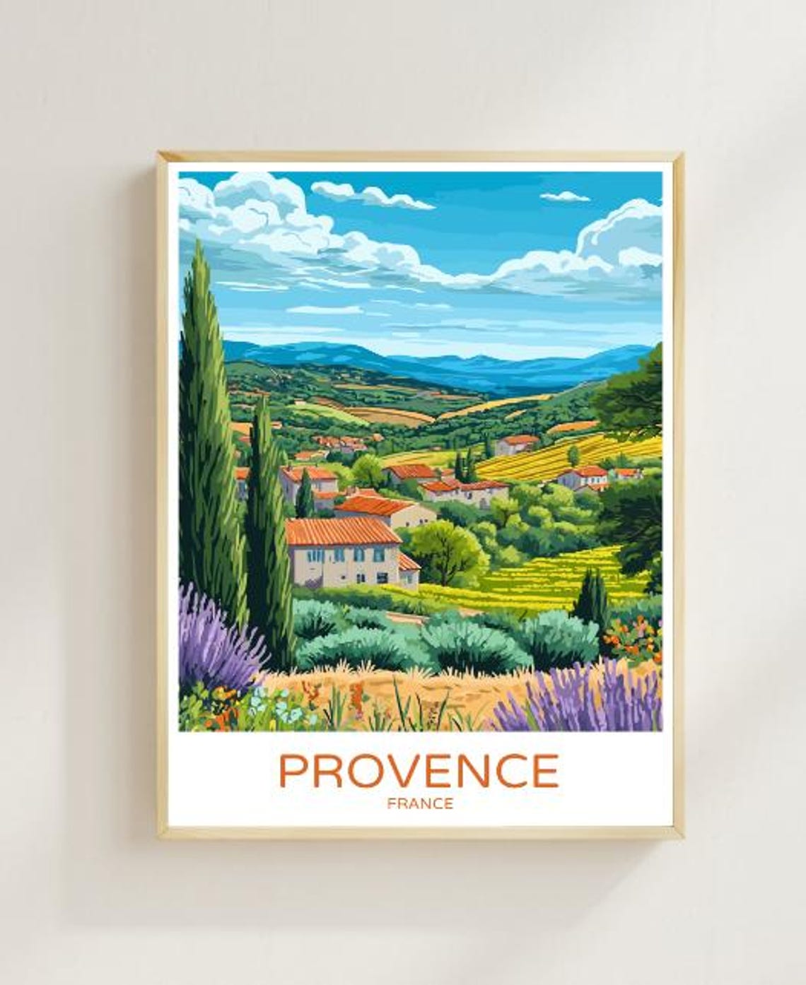 Provence France Travel Poster Lavender Fields Village Countryside View