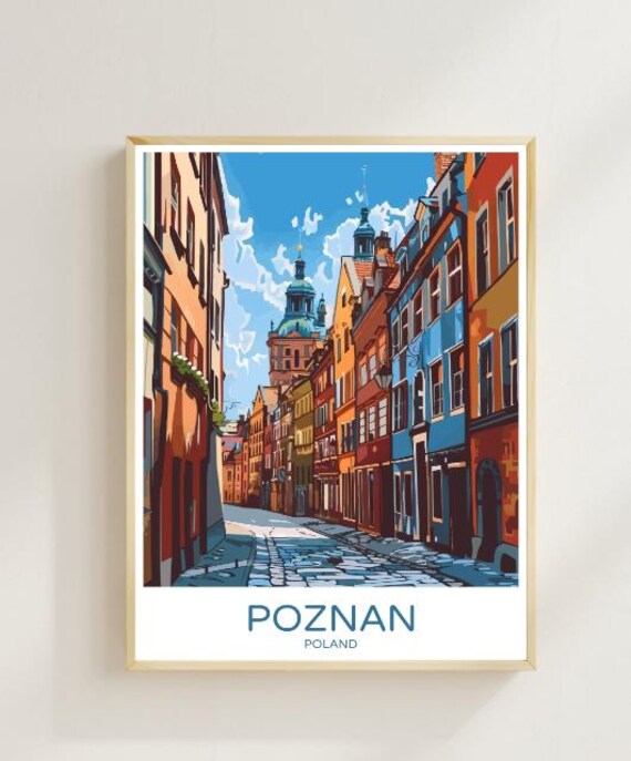 Poznan Poland Colorful Old Town Cobblestone Street Retro Travel Poster