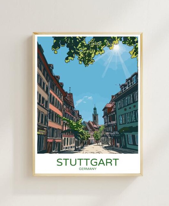 Stuttgart Germany Sunlit Old Town Street Vintage Travel Poster