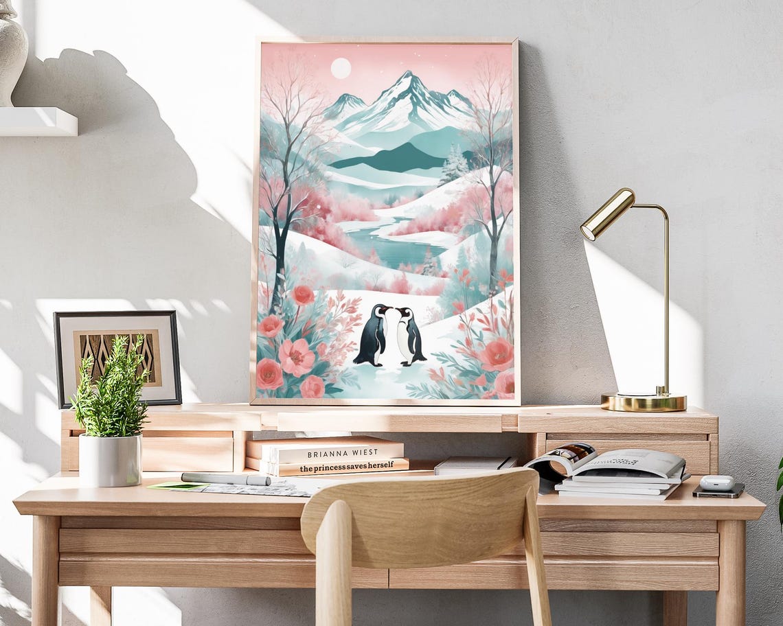 Penguin Pair Snowy Pink Mountain Winter Wonderland Art Poster - Image 4