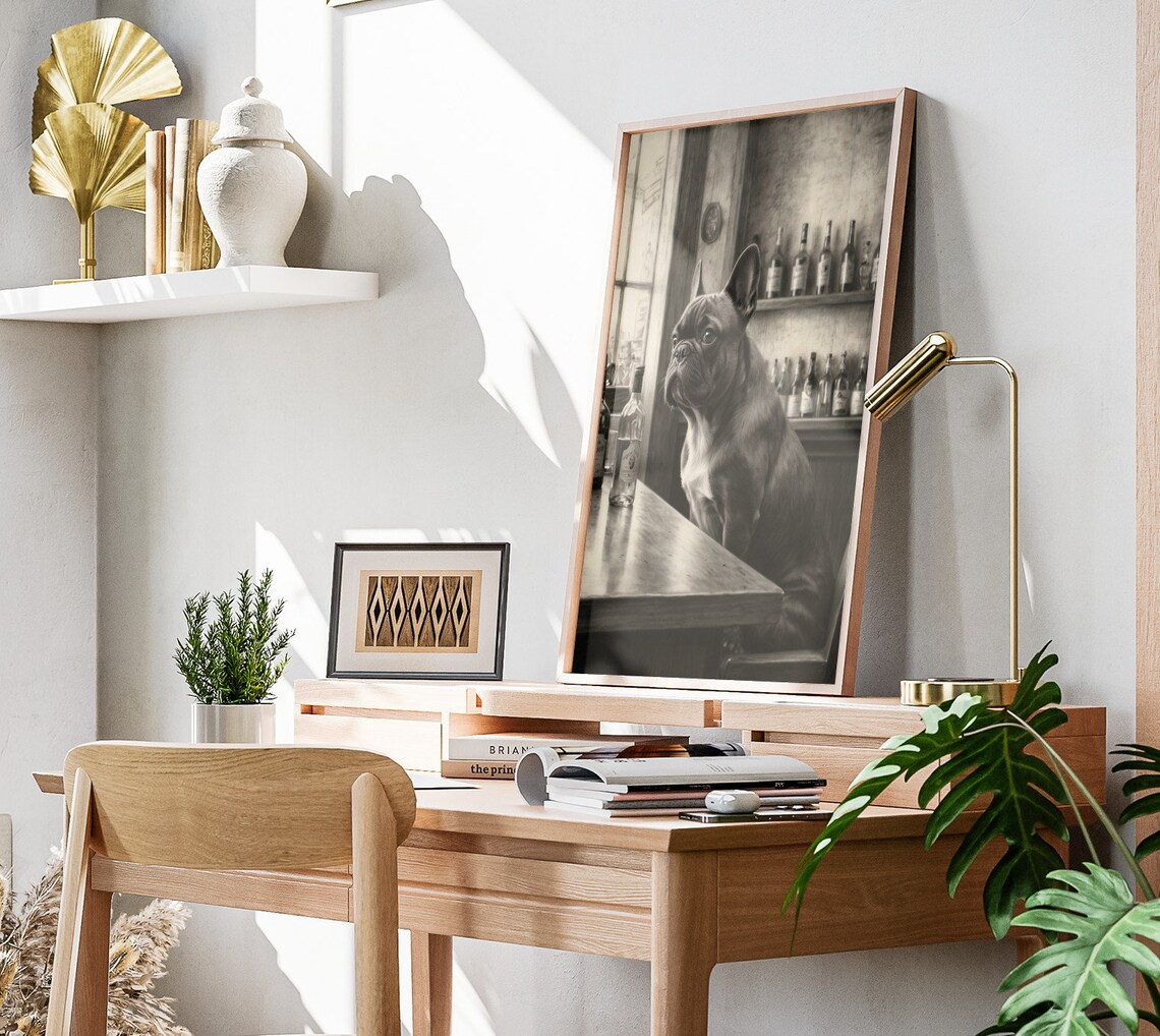 French Bulldog Side Profile Sitting At Bar Black White Poster - Image 3