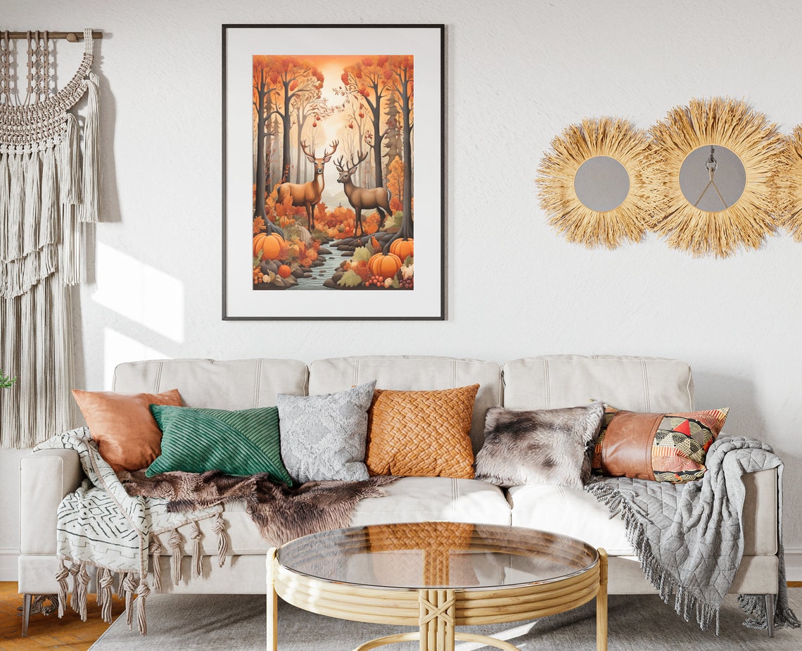 Two Deer Autumn Forest Stream Pumpkins Fall Foliage Art Poster - Image 2