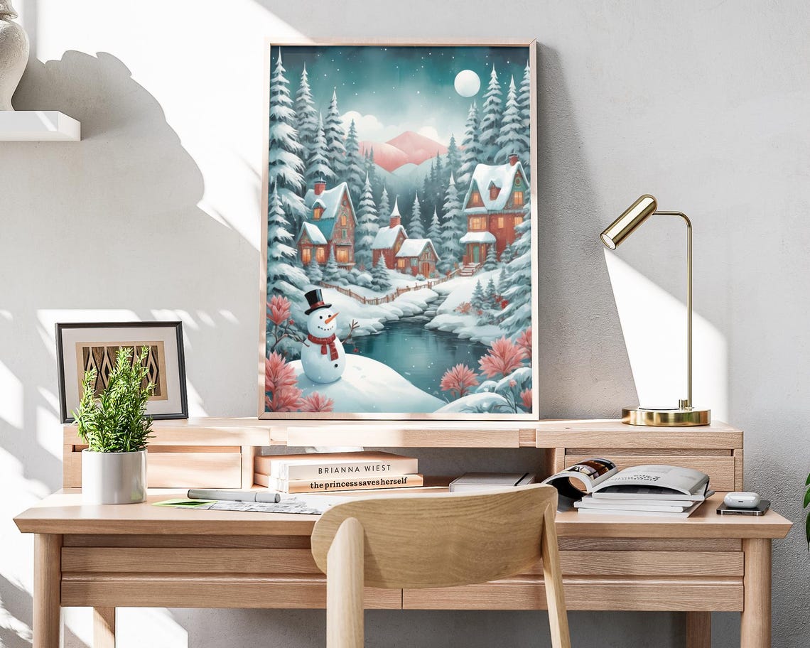 Snowy Mountain Village Snowman Moonlight Pine Forest Art Poster - Image 4