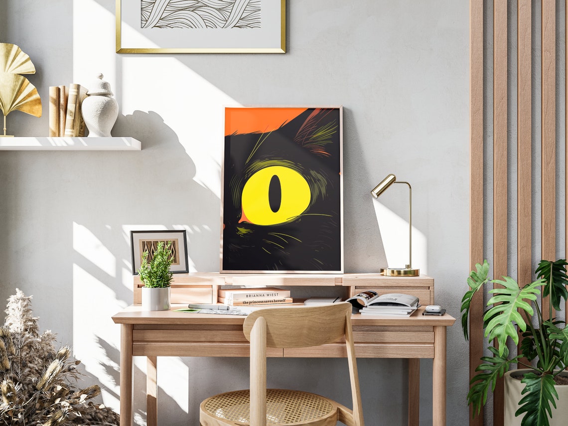 Dramatic Close-Up Black Cat Yellow Eye Halloween Spooky Wall Art - Image 4
