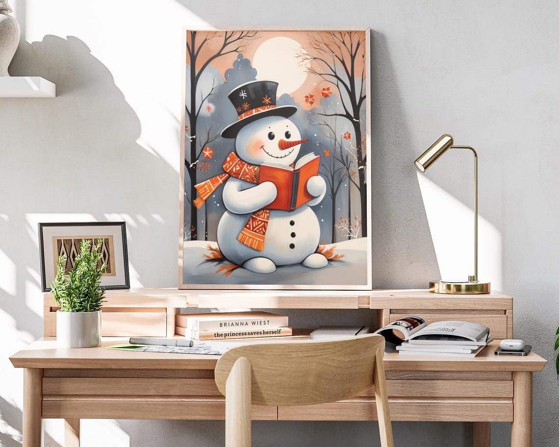 Cute Snowman Reading Book Winter Forest Moonlit Folk Art Poster - Image 4