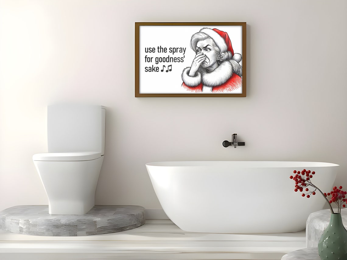 Funny Bathroom Humor Poster Mrs Claus Use the Spray for Goodness Sake - Image 4
