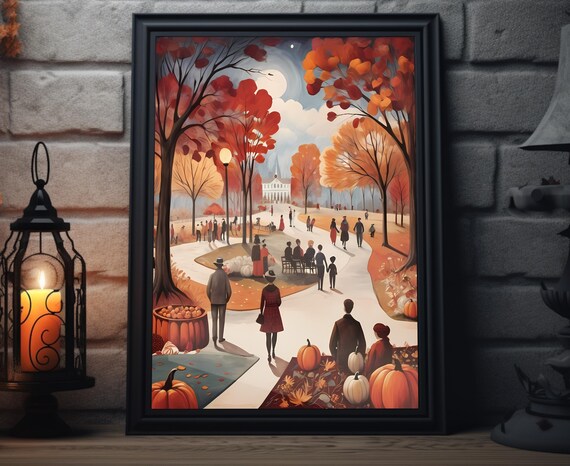 Autumn Park Avenue Strolling People Pumpkins Moonlit Evening Poster