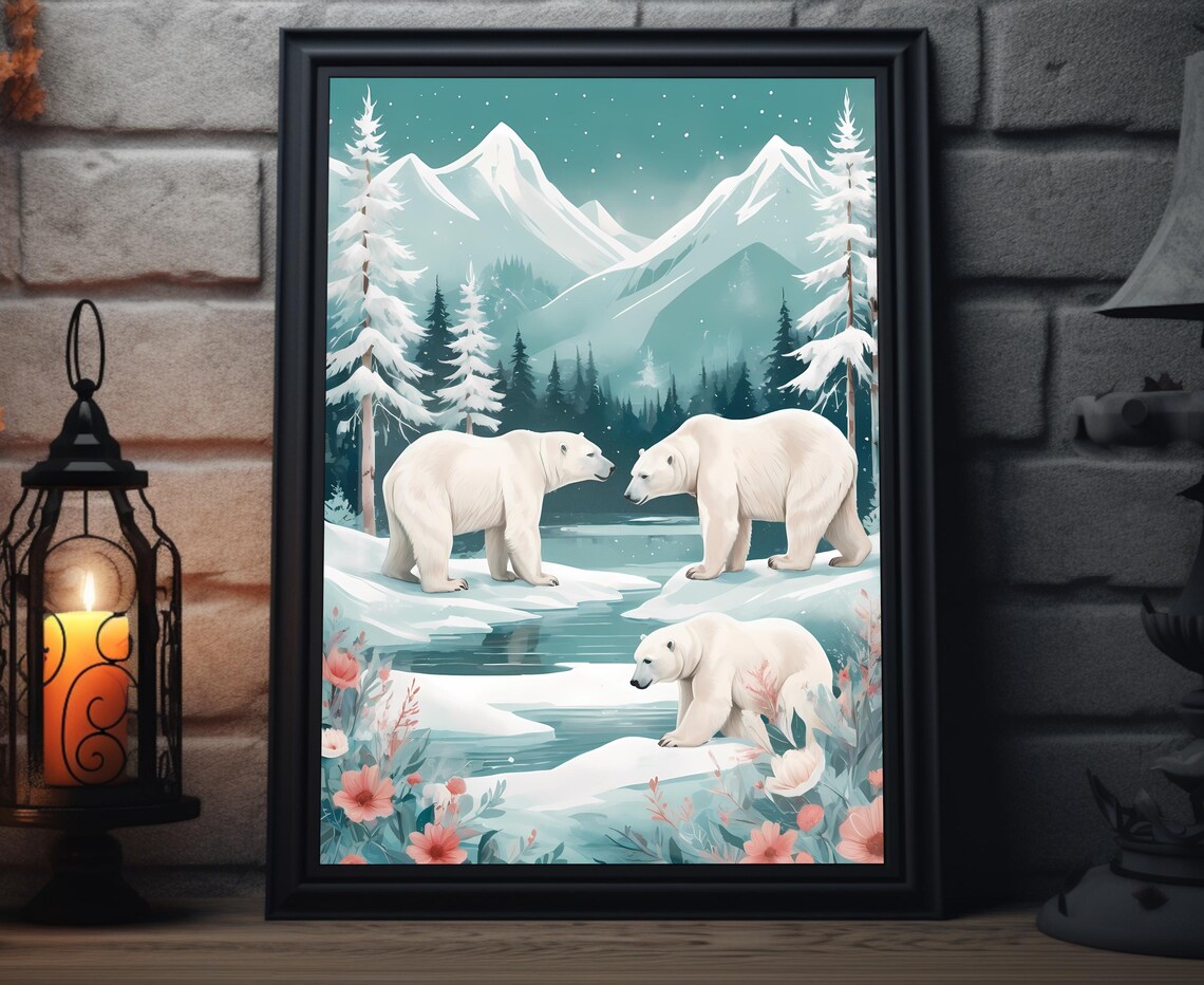 Polar Bears On Ice Floes With Snowy Mountains Winter Wall Art Poster