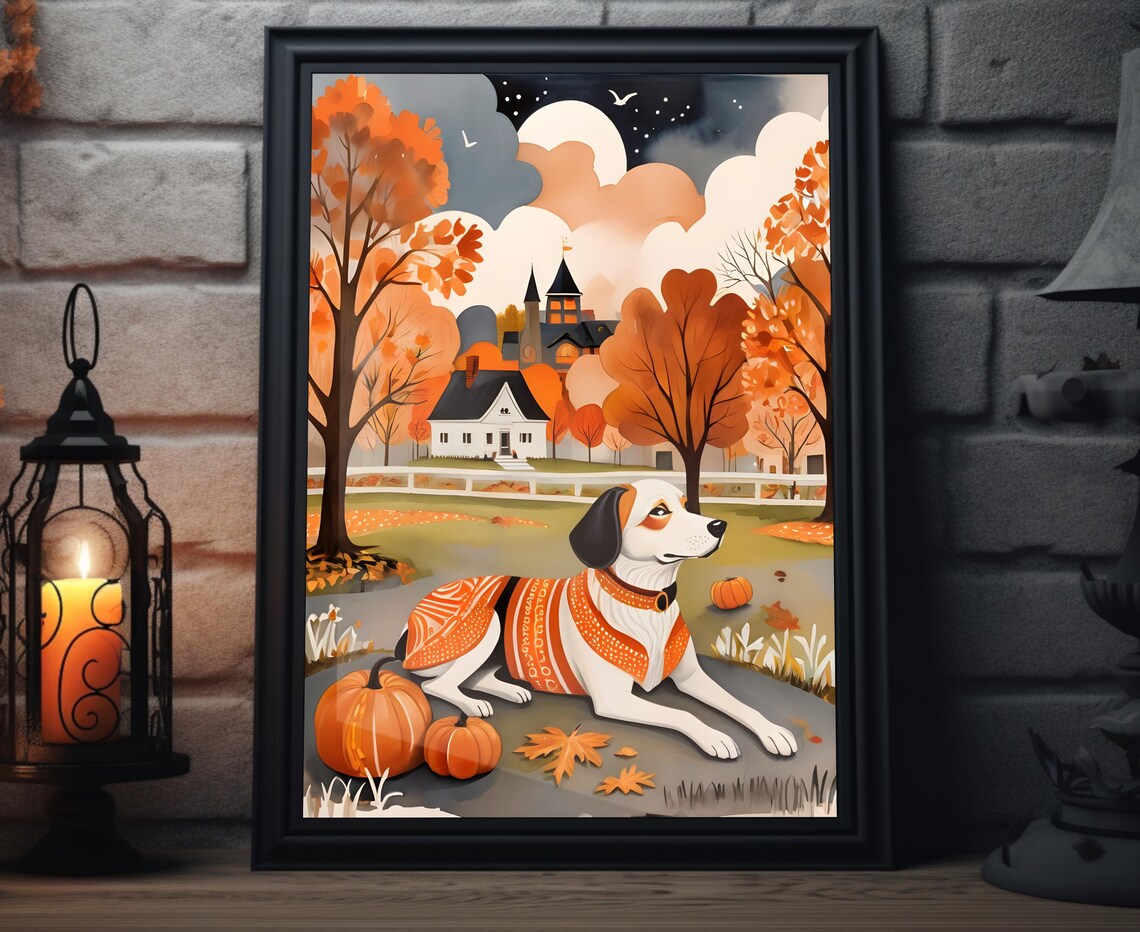 White Dog Orange Bandana Pumpkins Night Village Folk Art Poster