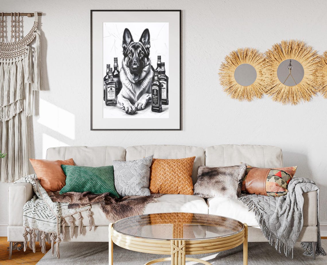German Shepherd Lying Among Liquor Bottles Bar Sketch Poster - Image 2