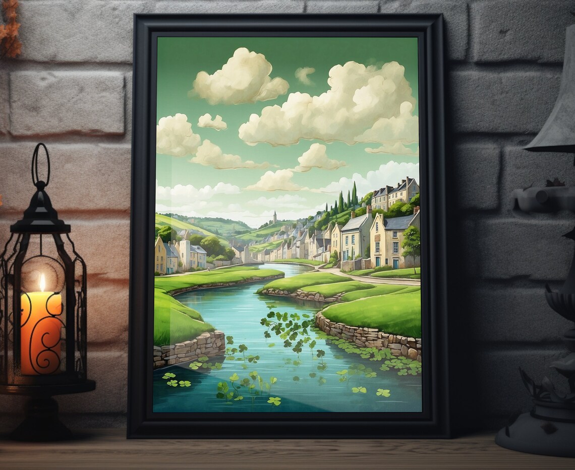 Ireland Winding River Village Stone Walls Shamrock Folk Art Poster