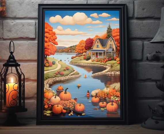 Autumn Lakeside Cottage Floating Pumpkins Fall Water Art Poster
