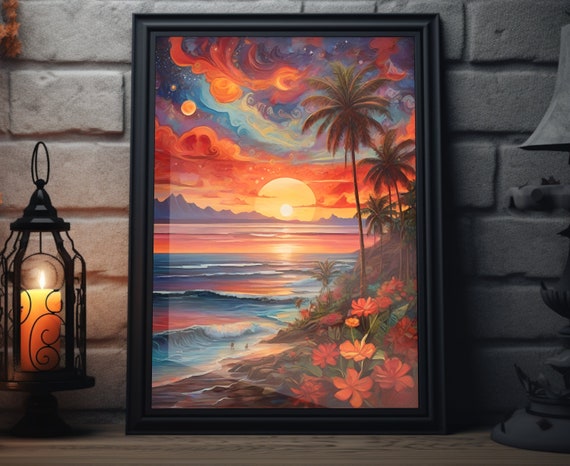 Hawaii Starry Sunset Matte Wall Art Hawaiian Beach Artwork Coastal Island Print Hawaii Painting Hawaiian Decor Hawaii Folk Art Poster
