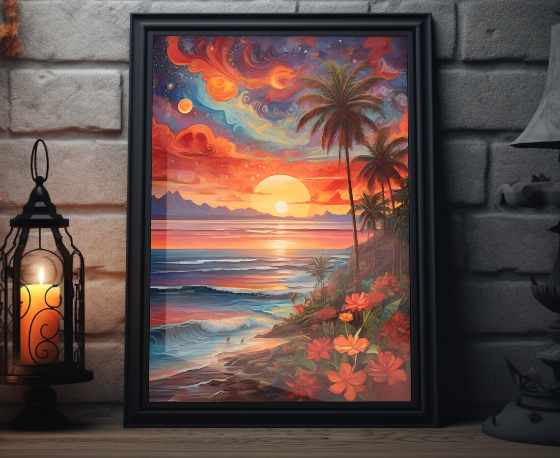 Hawaii Tropical Beach Sunset Palm Trees Starry Swirling Sky Poster