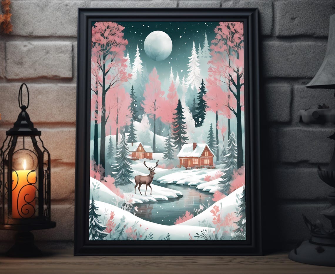 Moonlit Winter Cabin Deer Snowy Forest Pink Trees Night Poster