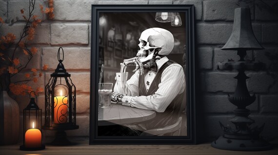 Skeleton Gentleman Bar Smoke Black White Noir Halloween Poster