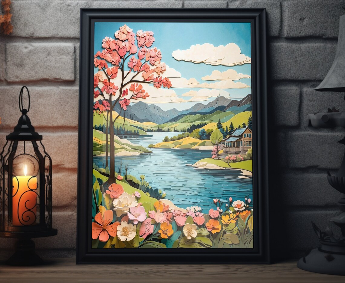 Spring Lakeview Folk Art, Scenic Spring Art Print